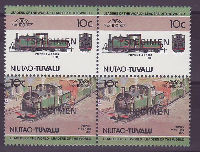Niutao Tuvalu 10c Train Prince 0-4-0 1863 Surcharge Specimen ** Luxe Bloc de 4