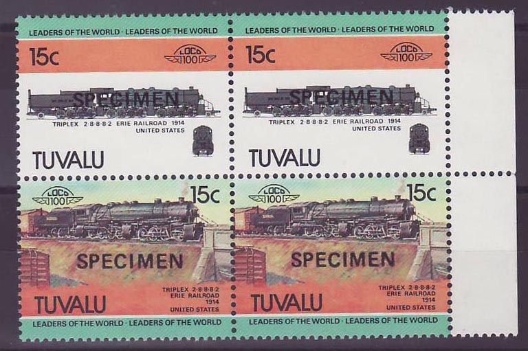 Tuvalu 15c Train Triplex 2-8-8 8-2 Erie Railroad 1914 ** Luxe Surcharge SPECIMEN Bloc de 4