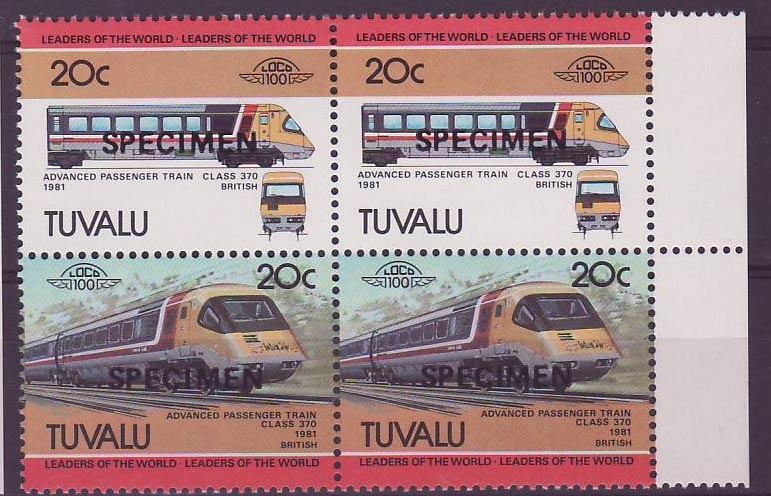Tuvalu 20c Train Class 370 1981 ** Luxe Surcharge SPECIMEN Bloc de 4