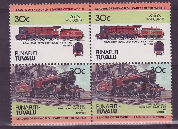 Funafuti Tuvalu 30c Train Royal Scot 1927 ** Bloc de 4