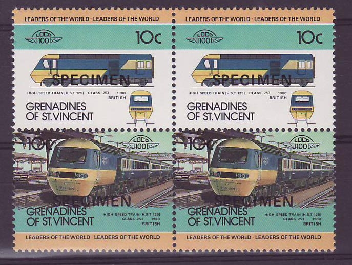 Grenadines of St Vincent 10c Train High Speed Train 1980 ** Luxe surcharge SPECIMEN Bloc de 4