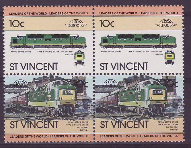 St Vincent 10c Royal Scots Greys Train 1961 ** Luxe Bloc de 4
