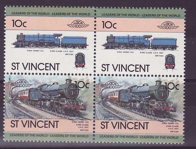 St Vincent 10c King Henry VIII Train 1927 ** Luxe Bloc de 4