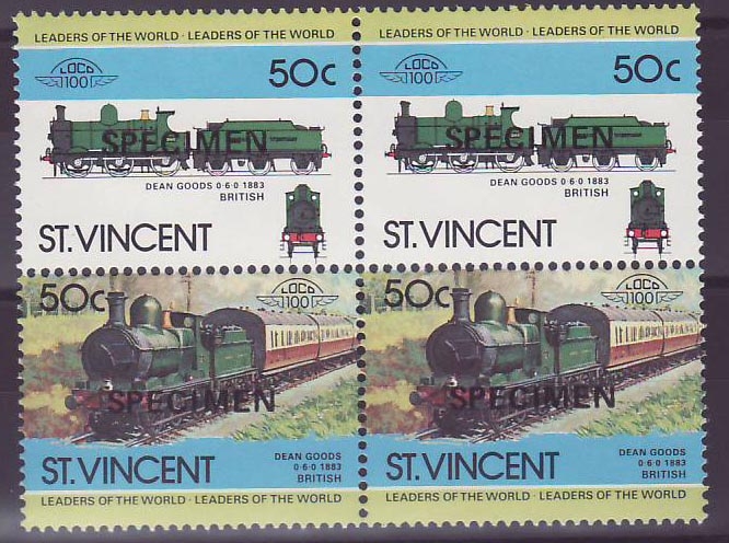 St Vincent 50c Dean Goods Train 1883 ** Luxe Surcharge SPECIMEN Bloc de 4