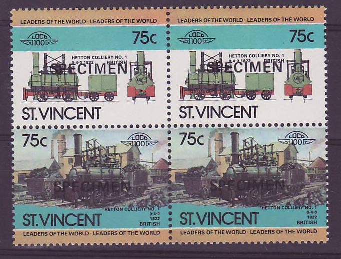 St Vincent 75c Train Hetton Colliery ** Luxe Surcharge SPECIMEN Bloc de 4