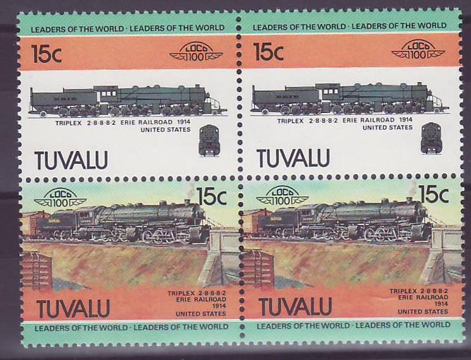 Tuvalu 15c Train Triplex 2-8-8 8-2 Erie Railroad 1914 ** Luxe Bloc de 4