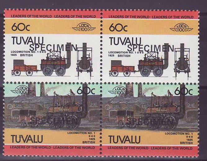 Tuvalu 60c Train 1825 ** Luxe Surcharge SPECIMEN Bloc de 4