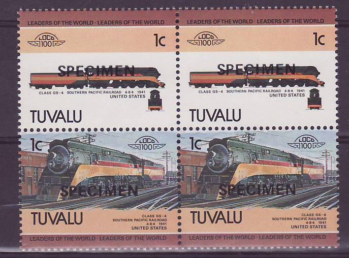 Tuvalu 1c Train Class GS 4 Southern Pacific Railroad ** Luxe Surcharge SPECIMEN Bloc de 4
