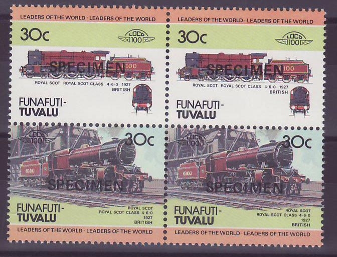 Funafuti Tuvalu 30c Train Royal Scot 1927 ** Luxe Surcharge SPECIMEN Bloc de 4