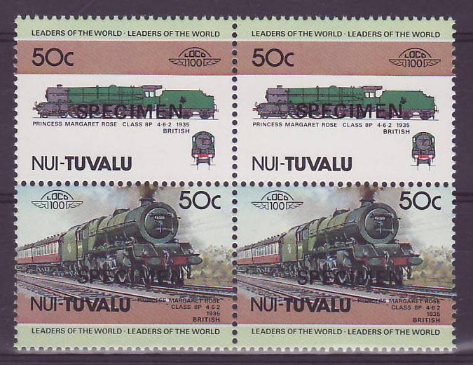 Nui Tuvalu 50c Train Princess Margaret Rose Class BP 1935 ** Luxe Surcharge SPECIMEN Bloc de 4