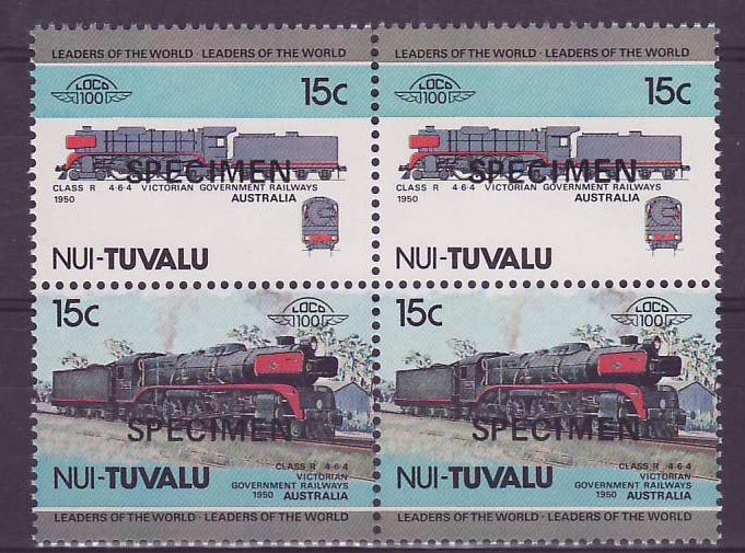 Nui Tuvalu 15c Class R Victorian Government Railways Australia ** Luxe Surcharge SPECIMEN Bloc de 4