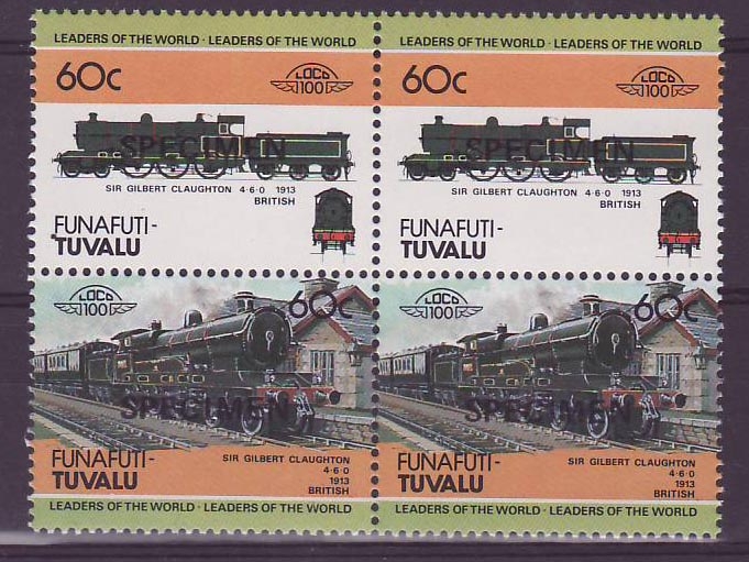 Funafuti Tuvalu 60c Train Sir Gilbert Claughton 1913 ** Luxe Surcharghe SPECIMEN  Bloc de 4