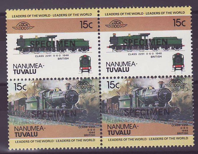 Nanumea Tuvalu 15c Train Class 2251 1946 ** Luxe Surcharge SPECIMEN Bloc de 4