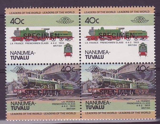 Nanumea Tuvalu 40c Train France 1903 ** Luxe Surcharge SPECIMEN Bloc de 4