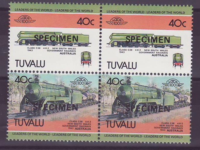 Tuvalu 40c Train New South Wales Australia 1943 ** Luxe Surcharge SPECIMEN Bloc de 4