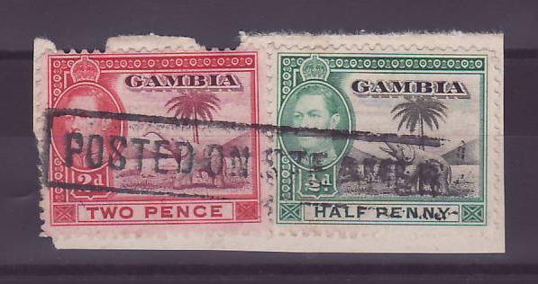Gambie Gambia Cancelled Steamer Parcel 2p + 1/2p Elephant Posted on steamer Full handstamp