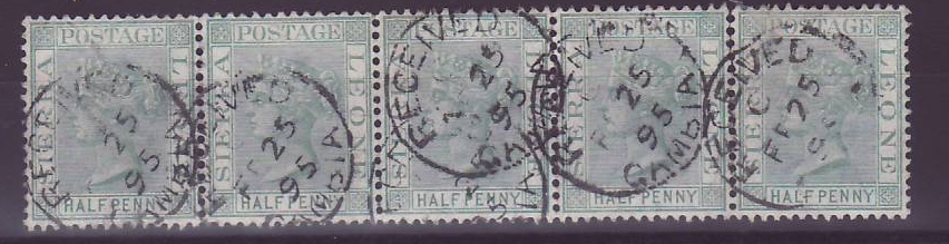 Gambie Gambia Sierra Leone stamps with Received Gambia cancellation Strip of 5 of 1/2d valeur 1895 RARE 