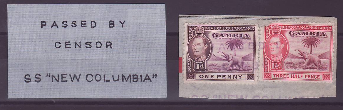 Gambie Gambia 2 Stamps with RARE Passed by Censor SS New Columbia cancellation Boat
