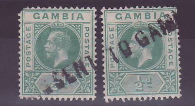 Gambie Gambia Pair of 1/2 GV value with MISSENT to Gambia handstamp