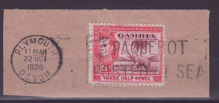 Gambie Gambia 1 1/2d Elephant Paquebot Cancel Parcel Plymouth Devon 1938