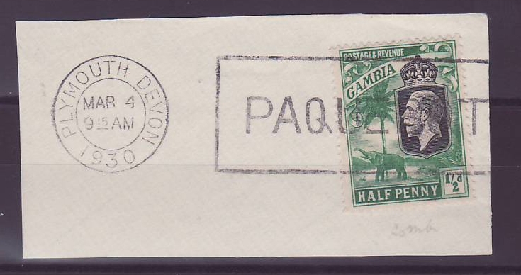 Gambie Gambia 1/2d Elephant Paquebot Cancel Parcel Plymouth Devon 1930