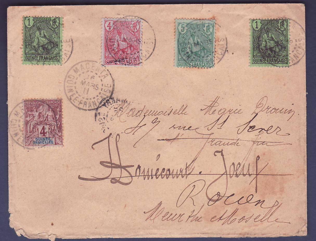 Guinee Lettre avec Valeurs Berger Pulas 2*1c + 4c + 5c + Groupe 4c  pour Rouen  France Magenta 16 MAR 11