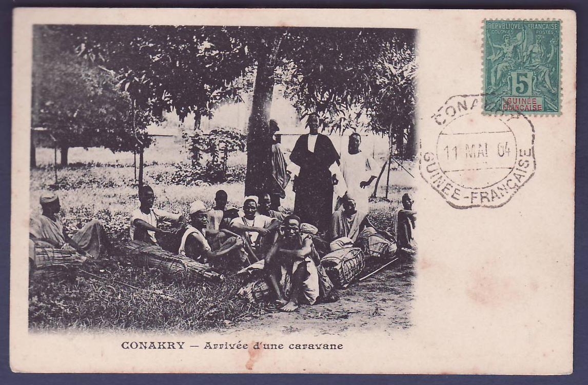 Guinee 5c Groupe avec Rare Cachet Telegraphes Conakry 11 MAI 04 sur CPA Conakry Arrivee d'une caravane