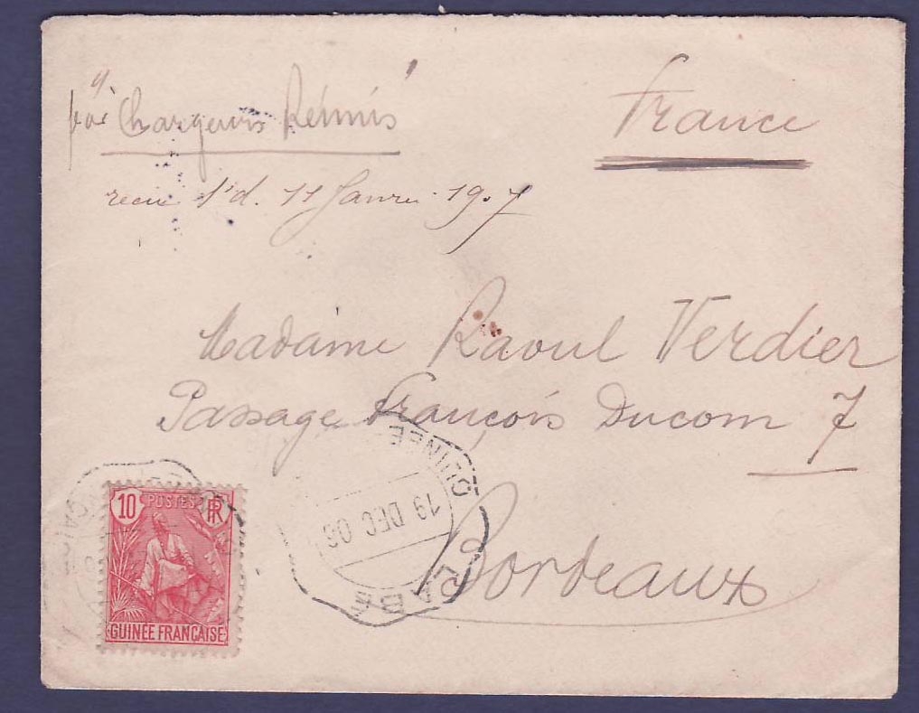 Guinee Berger Pulas 10c avec Rare Cachet Telegraphique Telegraphes Labe 19 DEC 06 pour Bordeaux France