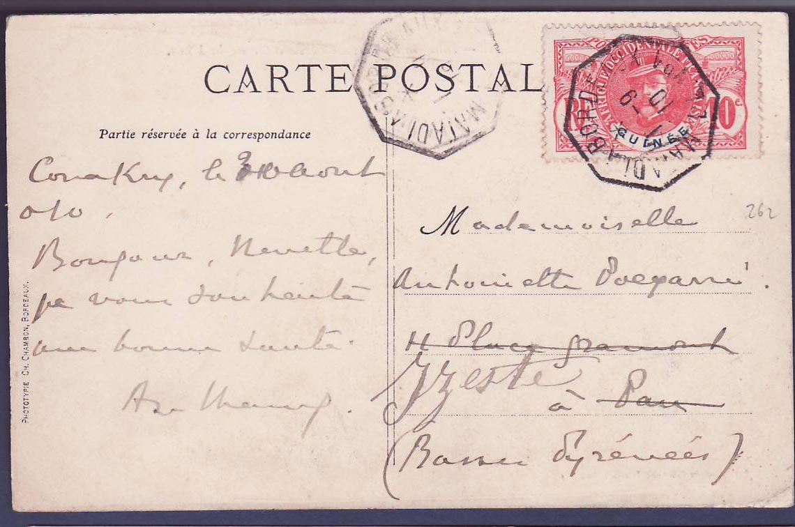 Guinee Carte Postale avec 10c Faidherbe cachet Matadi a Bordeaux 1 9 10  Rare  pour Pau  Izerte