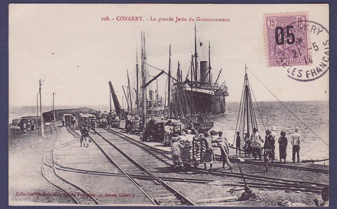 Guinee Carte Postale avec Berger Pulas surchargé et Rare cachet Calles Francaises 21 5 13 carte Conakry La grande jetee