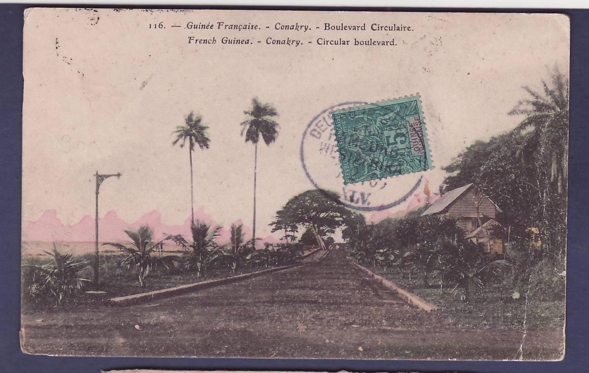 Guinee Carte Postale avec 5c Groupe et cachet Allemand Deutsche Seepost Hamburg 3 2 09 au dos cachet d'Escale Rare