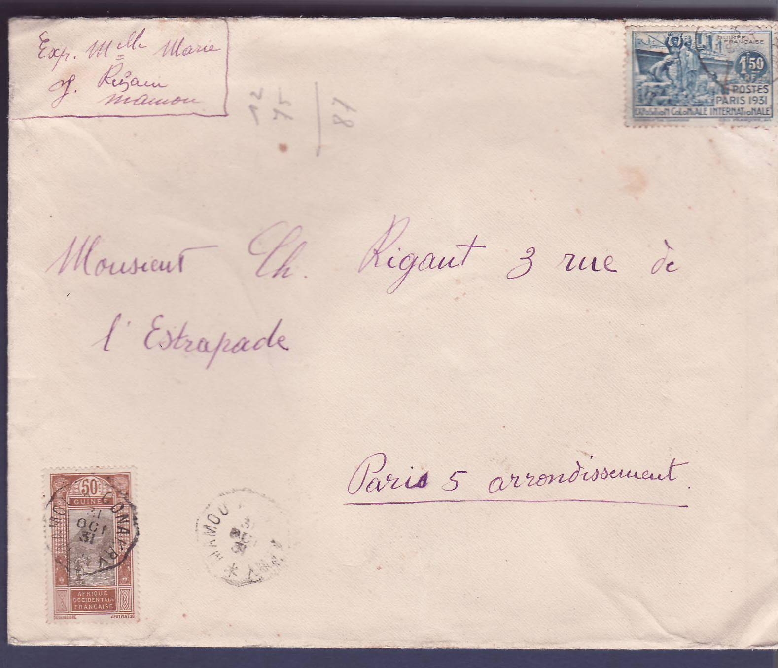 Guinee Grande Lettre avec 1F50 Exposition Coloniale + 50c Gue de Kitim pour Paris France 31 OCT 31