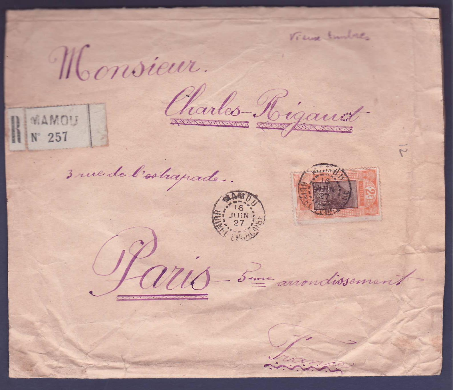Guinee Grande Lettre avec 2F Gue de Kitim seul obl Mamou 16 JUIN 27 pour Paris