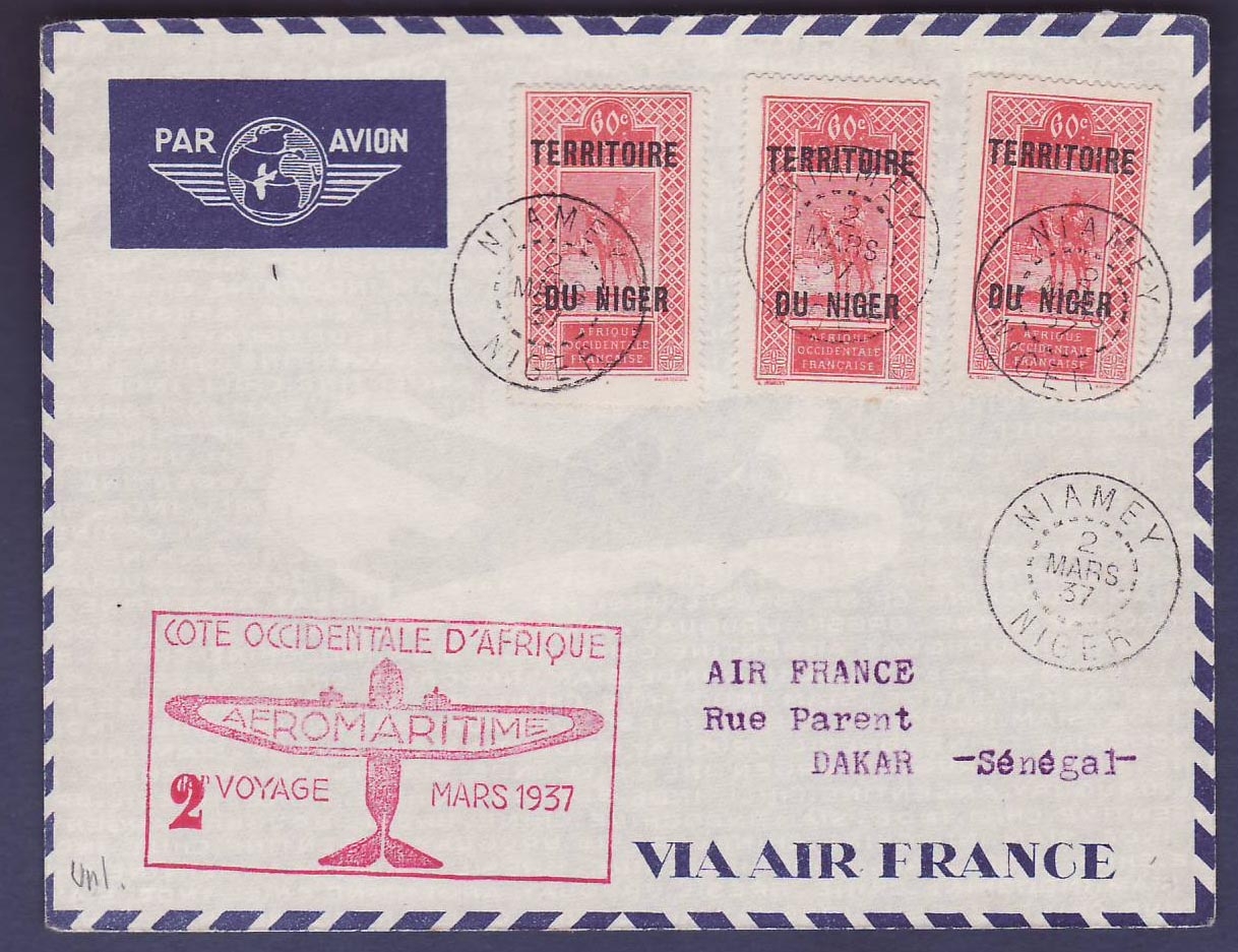 Niger 1er Vol Aeromaritime 2eme Voyage Mars 1937 obl Niamey 2 Mars 1937 pour Dakar Senegal