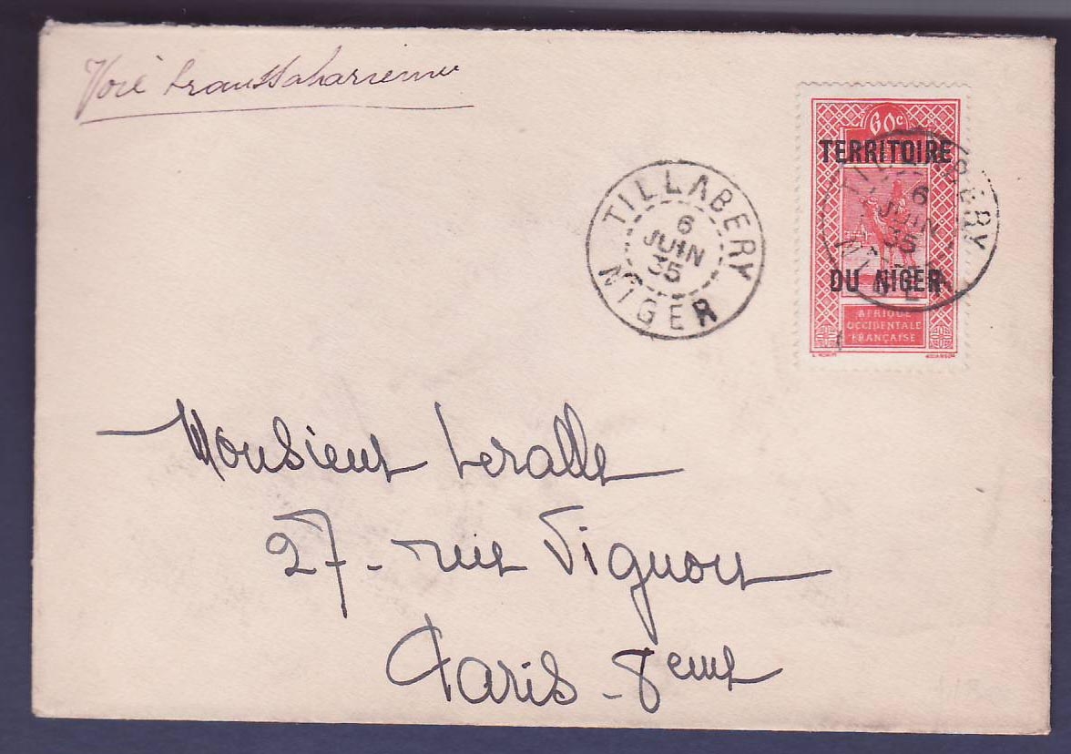Niger Lettre 60c Cachet Tillabey 6 JUIN 35 et rare mention manuscrite Voie transsaharienne (voie des mehairstes emprunta