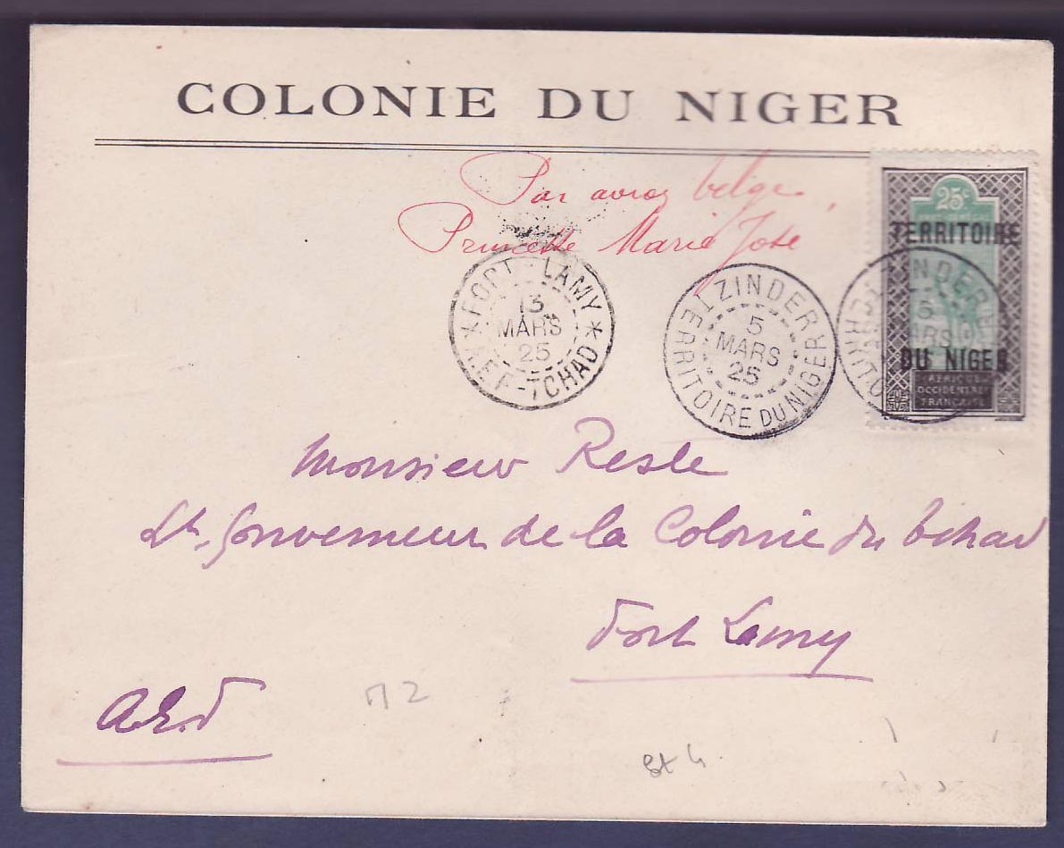 Niger Rare 1er Vol Princesse Marie Jose Zinder Fort Lamy Tchad cachet 5 MARS 25