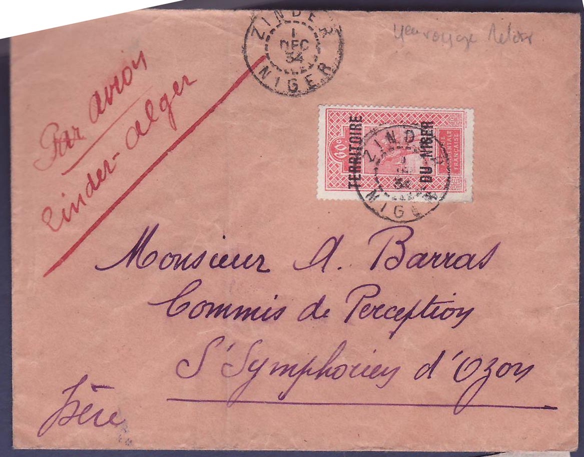 Niger 4eme Voyage Retour Vol Zinder Alger cachet 1 DEC 34 Rare pour St Symphorien d'Ozon
