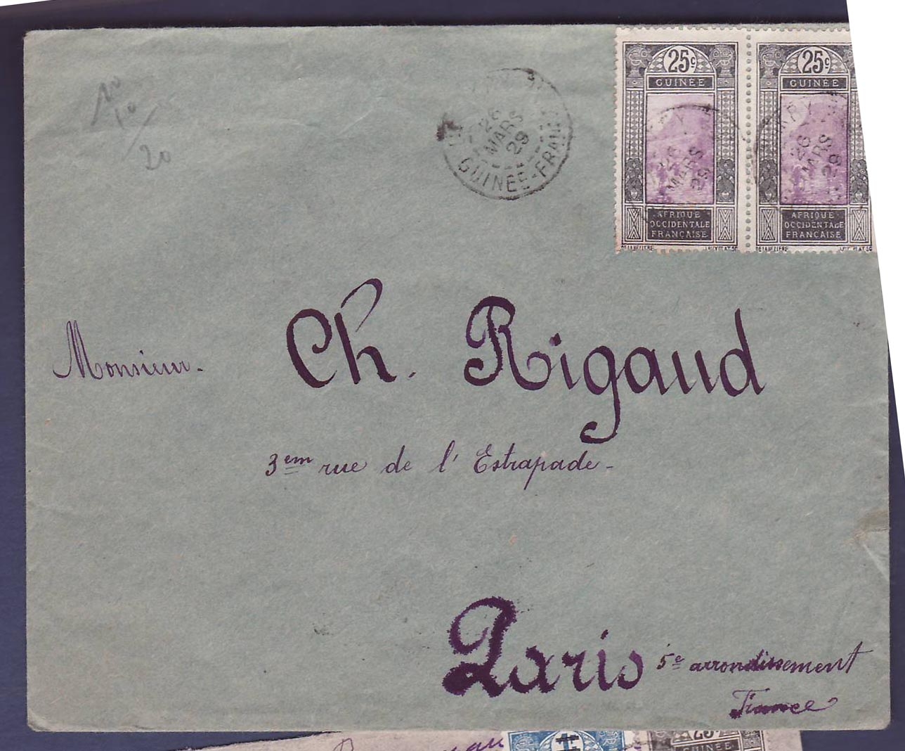 Guinee Lettre avec paire 25c obl 26 MARS 29 pour Paris