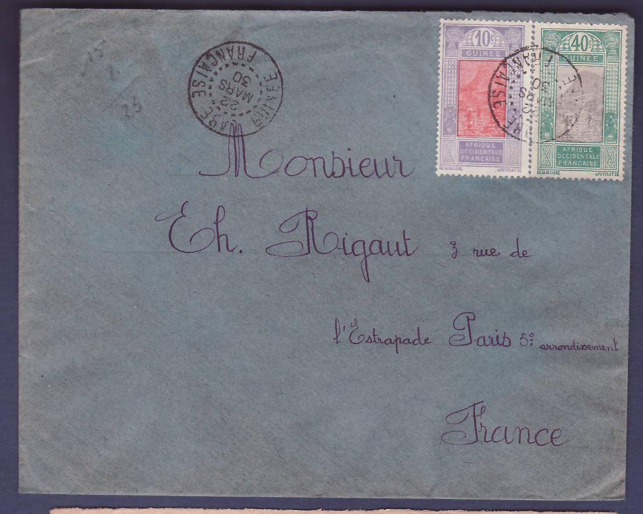 Lettre Guinee 40c + 10c Gue de Kitim obl Wabe 22 MAR 30 pour Paris France