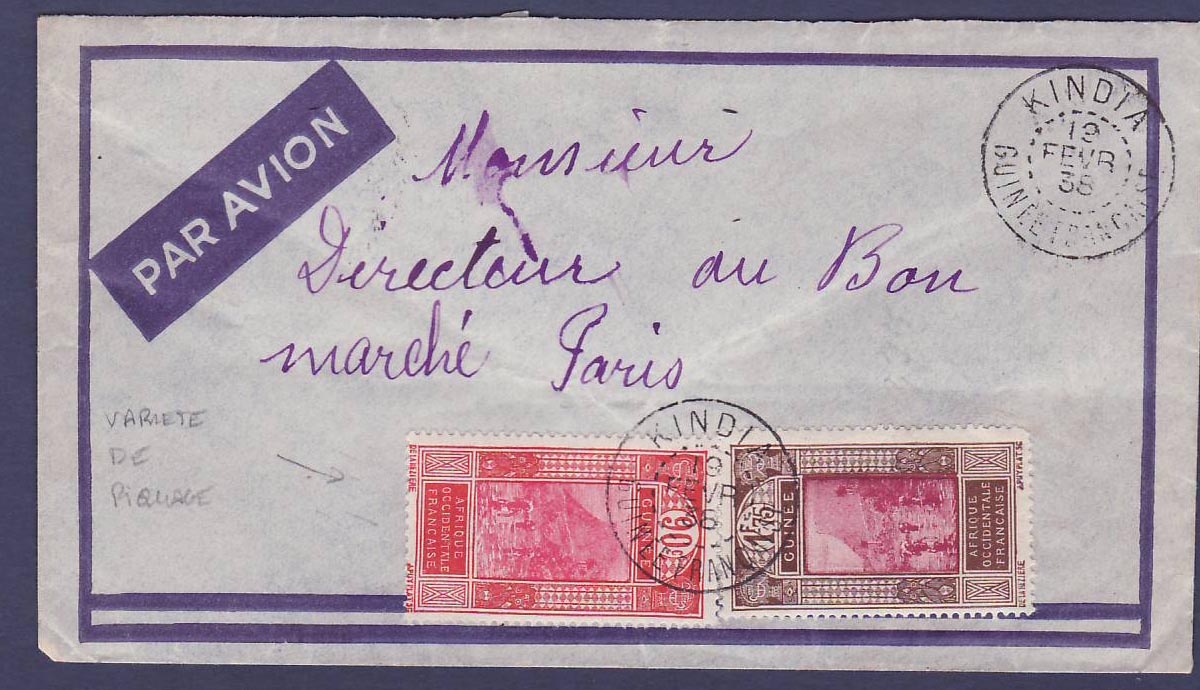 Lettre Guinee 90c (variété de piquage) + 1F75 obl Kindia 12 FEV 38 pour Paris