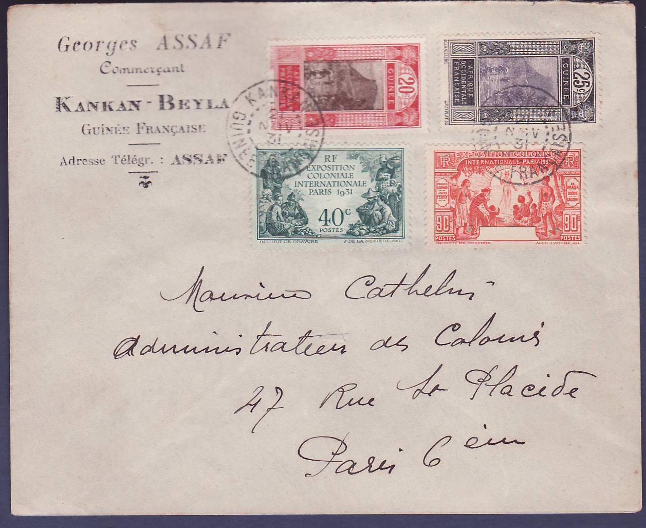 Lettre Guinee Gue de Kitim + Exposition colonaile donc valeur rouge SANS Surcharge belle variété obl Kankan 21 NOV 31