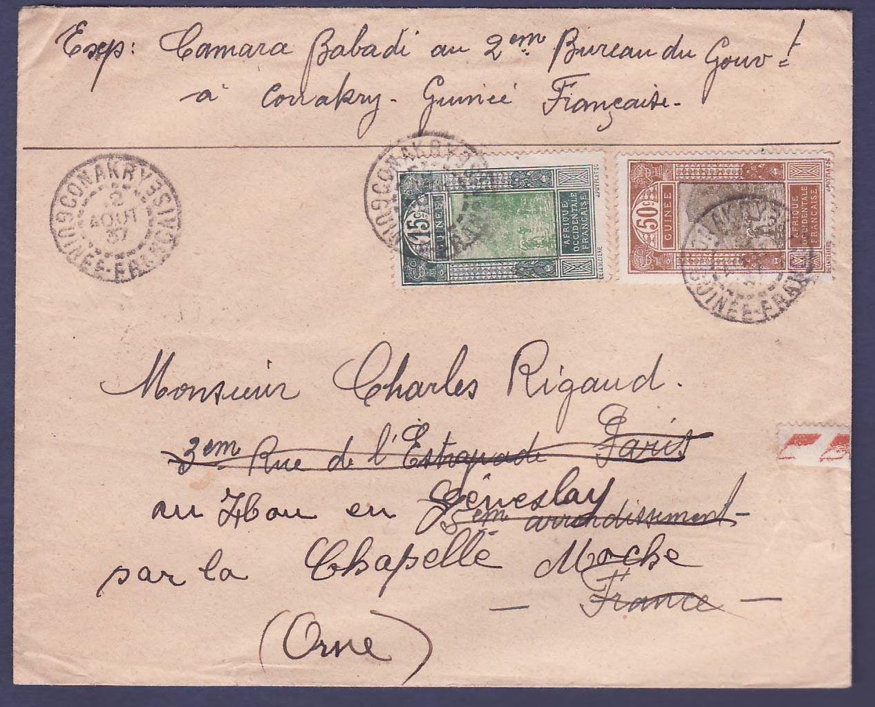 Lettre Guinee 15c +50c Gue de Kitim obl Conakry 12 AOU 30 pour Paris reexp La Chapelle