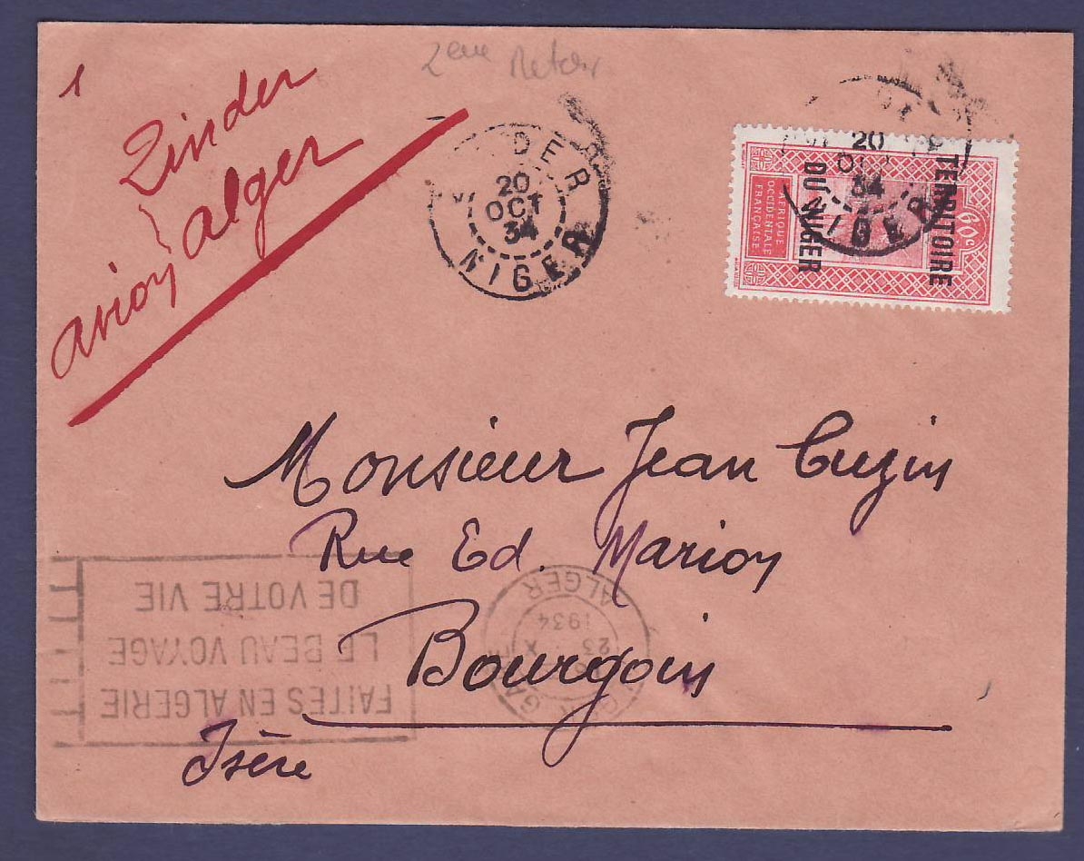 Niger 2eme vol retour Zinder Alger Cachet Zinder 20 OCT 34 pour Bourgoin Isere France 1er vol