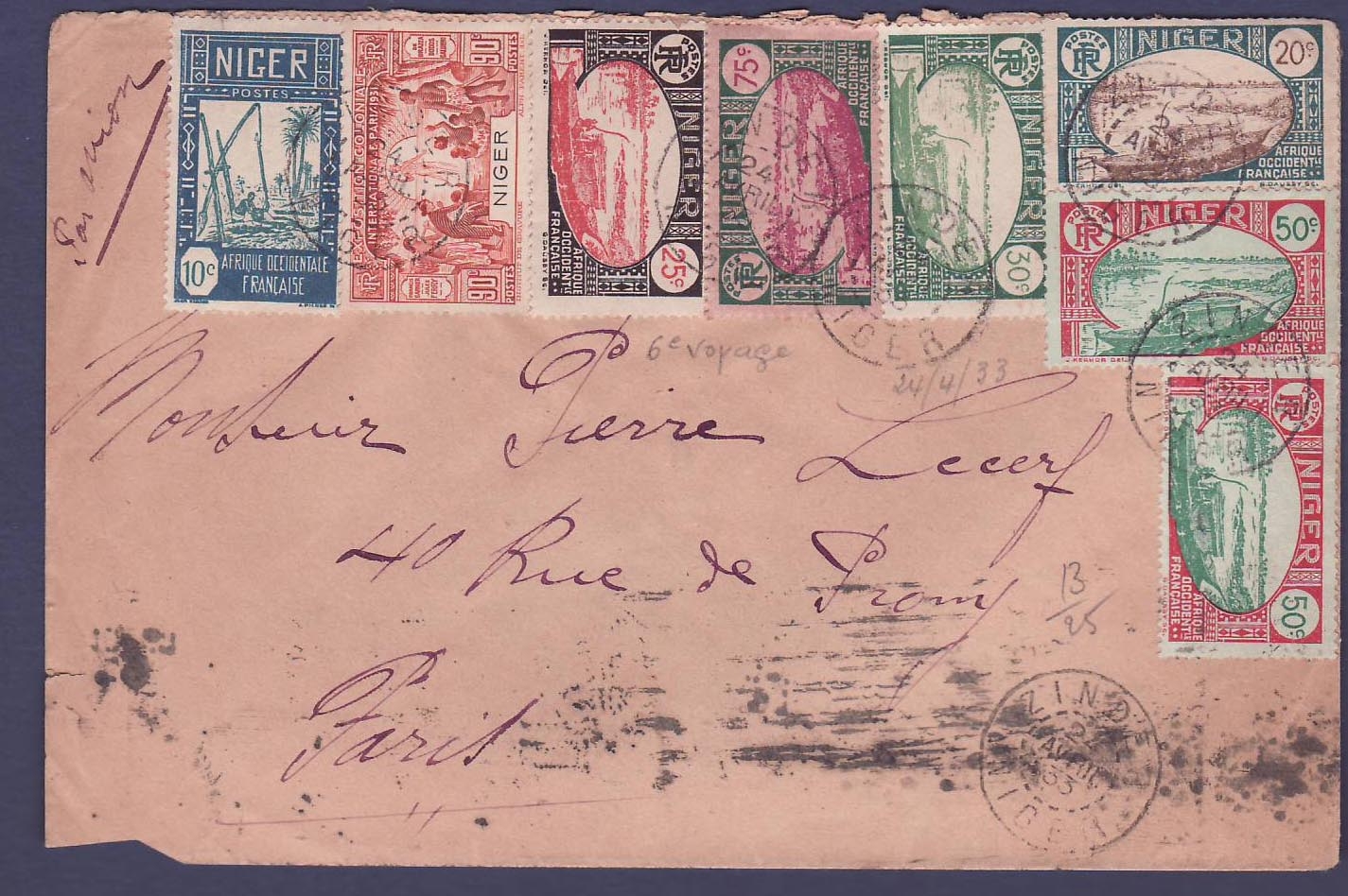 Niger 1er Vol 6eme voyage Zinder Alger obl 24 AV 33 pour Paris France