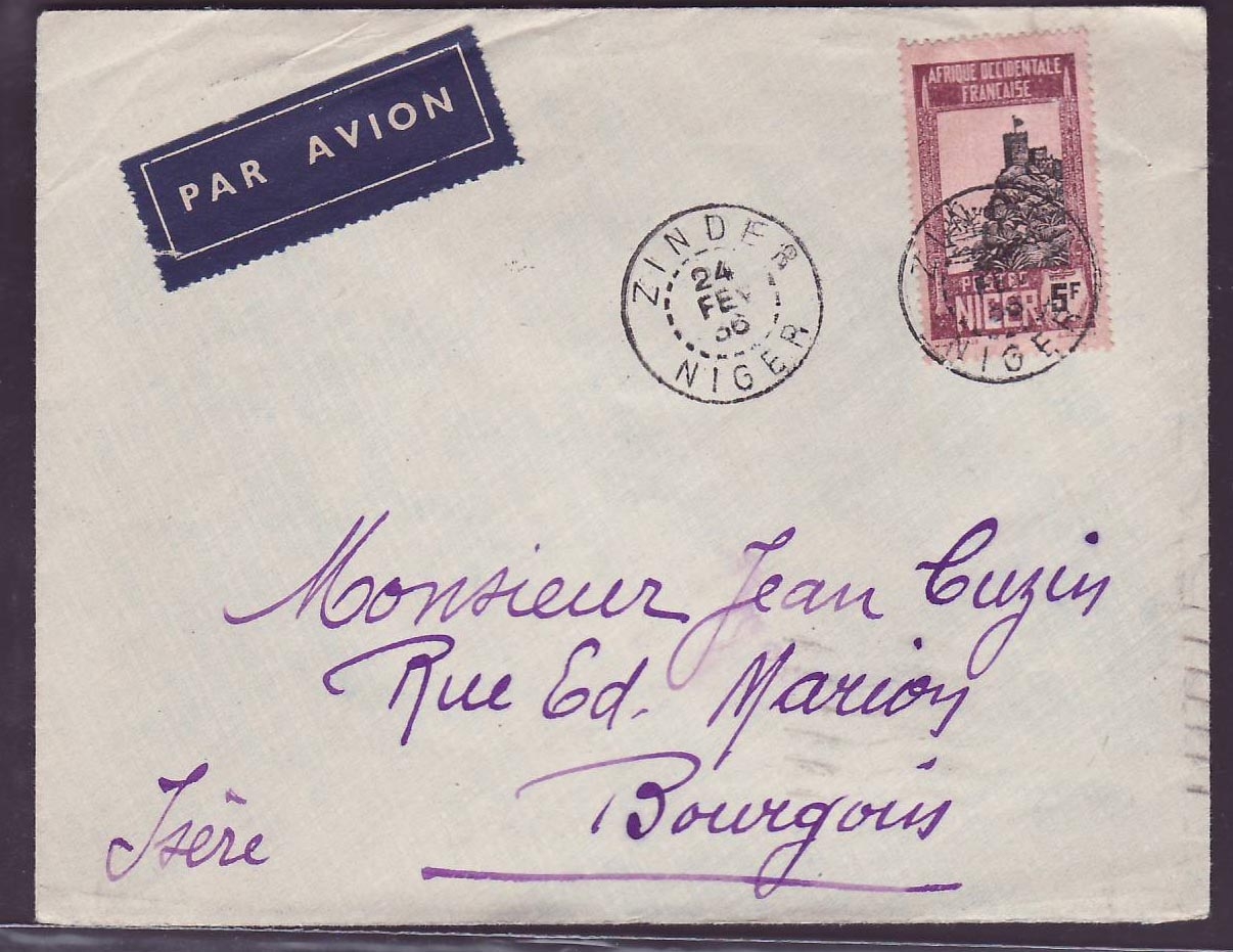 Niger 5F Seul sur lettre pour Bourgoin Isere France cach 24 FEV 36
