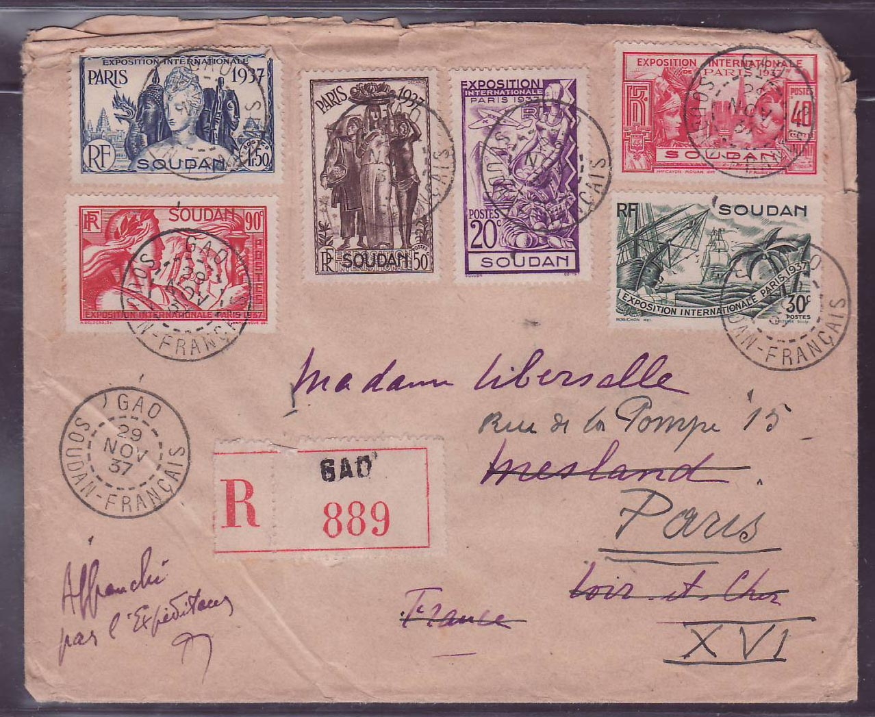 Soudan Belle lettre Service Automobile (cachet au dos) Cie Transaharienne obl Gao 29 NOV 37