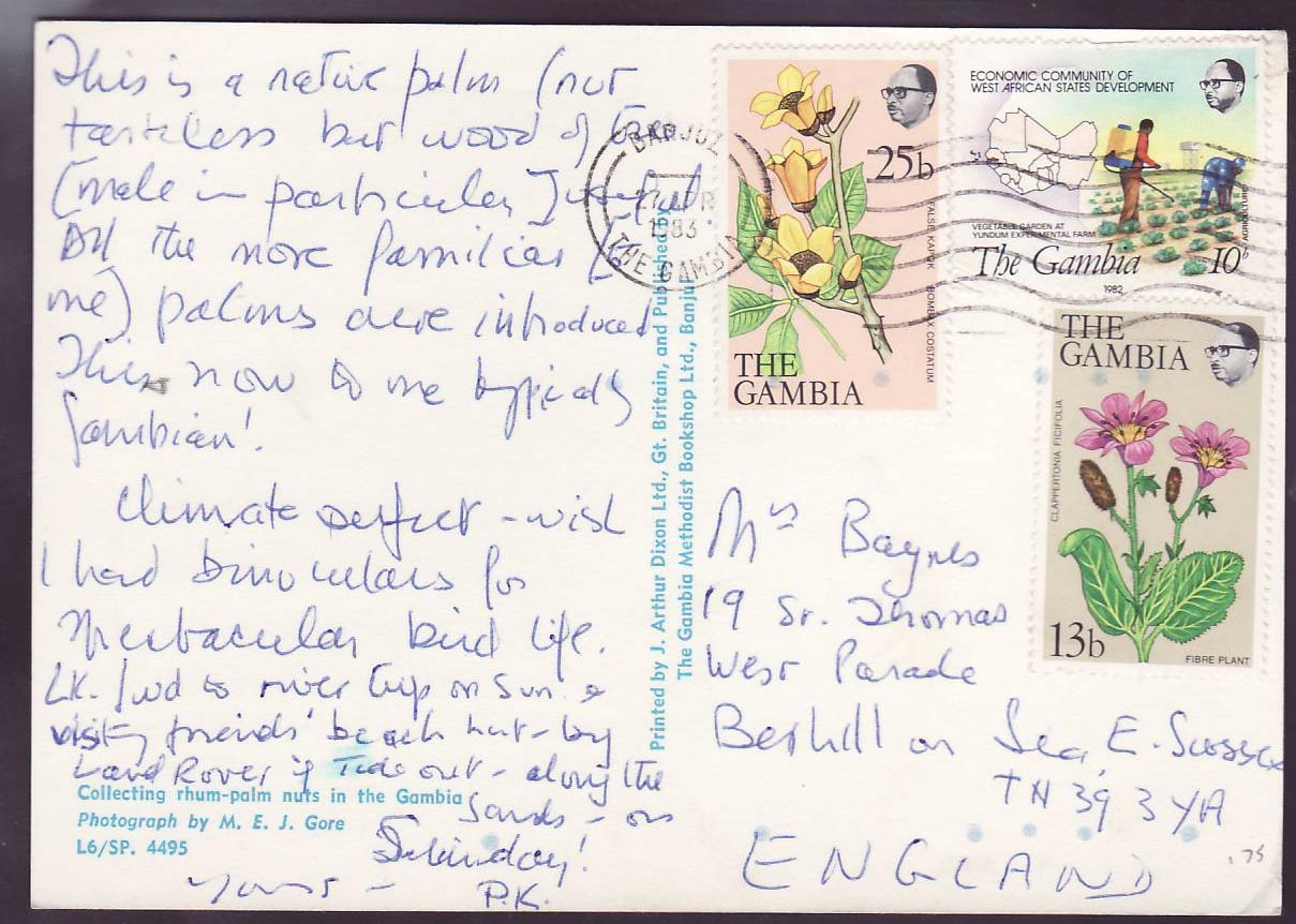 Gambie Gambia Postcard with Banul can dated 1983 Fleurs to Berhill on Sea  Sussex  England