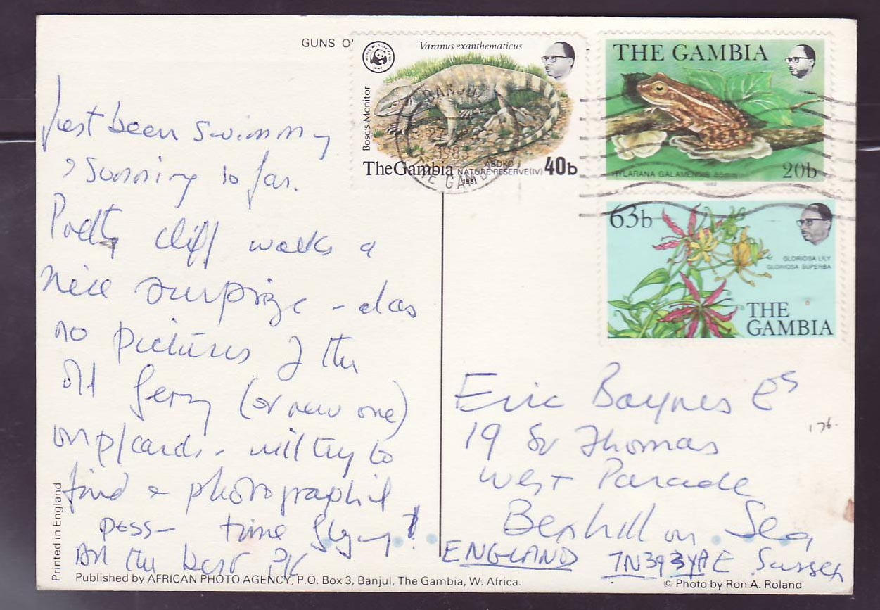 Gambie Gambia Postcard with Banjul cann dated 1983 Grenouille Frog Fleurs
