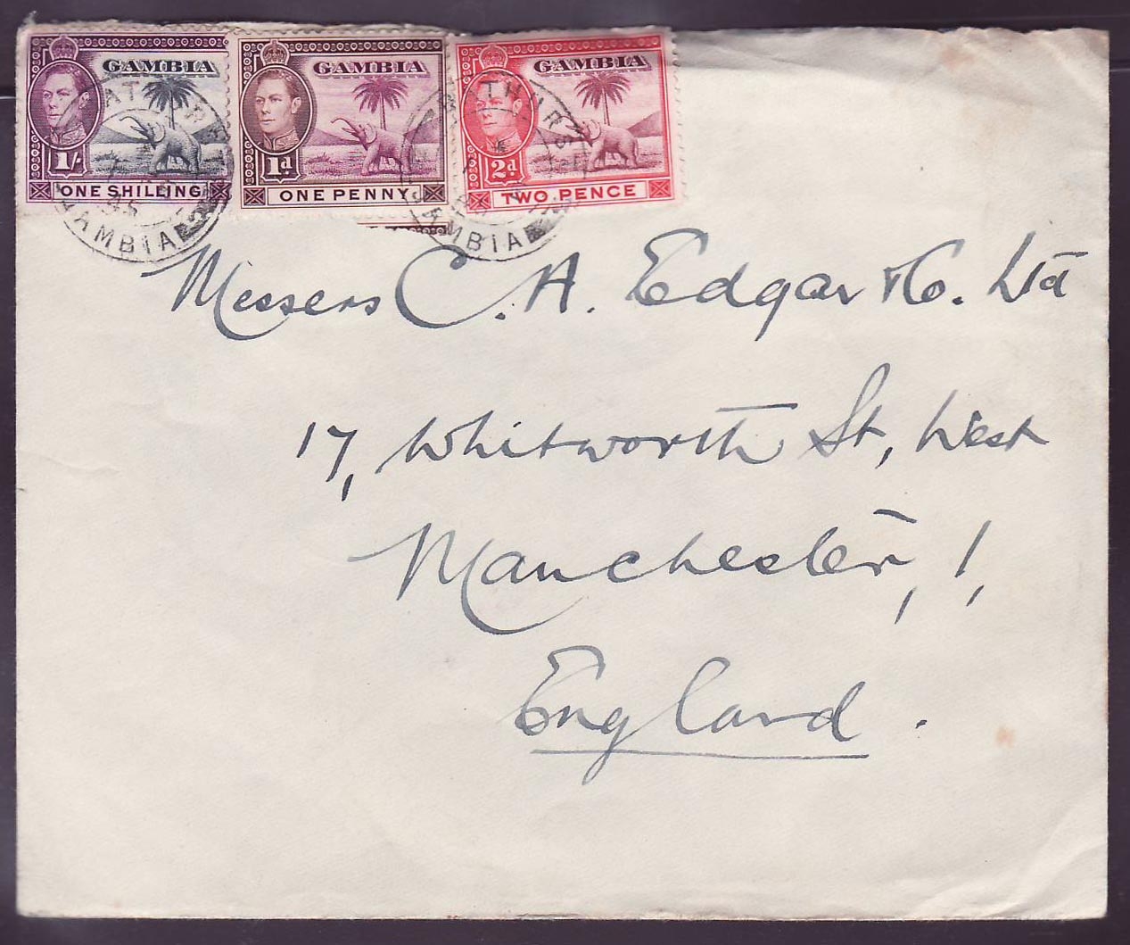 Gambie Gambia Elephant values incl 1s value to Manchester  England  Canc Bathurst 1945