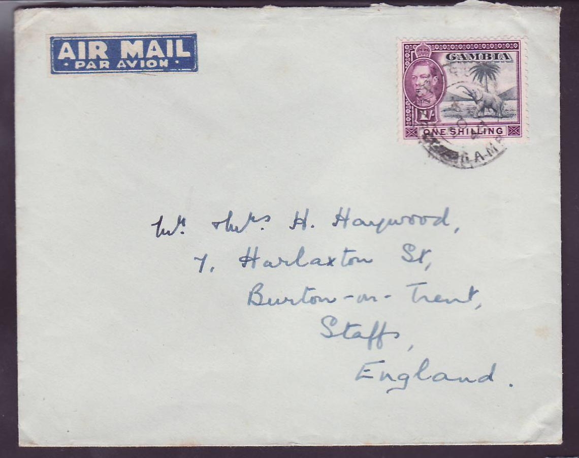 Gambie Gambia Solo 1s franking for Burton on Trent  England  cated 1948
